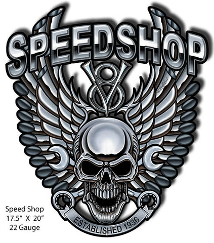 Speedshop Skull Cut Out Garage Art Metal Sign 17.5x20