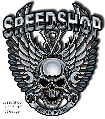 Speedshop Skull Cut Out Garage Art Metal Sign 17.5x20 